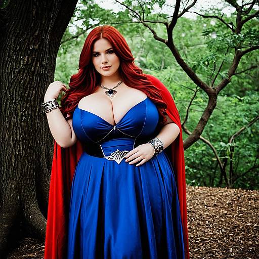 Plus Size Woman in Blue Dress and Red Cape Cosplay