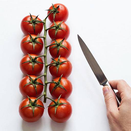 Hand Holding Knife Cutting Cherry Tomatoes
