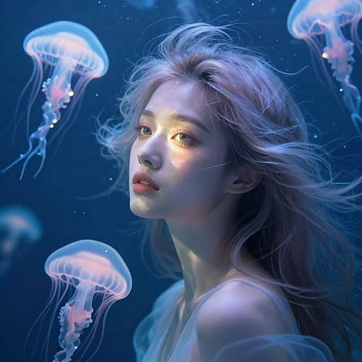 Photorealistic digital art of a fair-skinned, blonde woman with flowing hair surrounded by glowing, translucent jellyfish in a deep blue underwater scene.