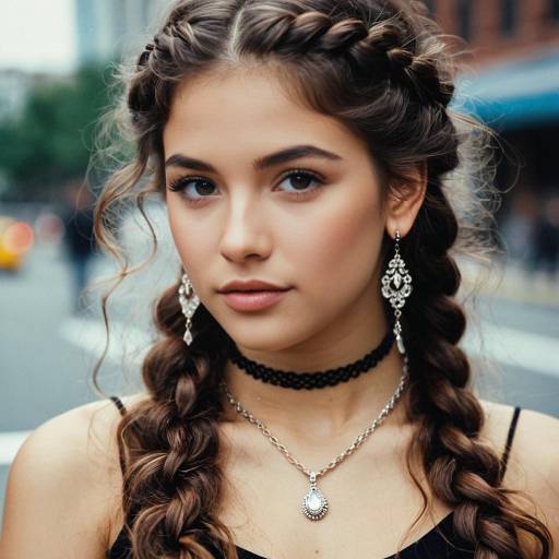 Young Woman with Braided Hair and Jewelry in City
