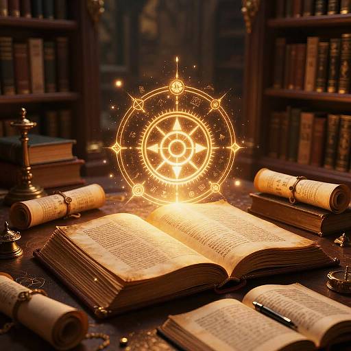 Photograph of glowing magical circle over open book, surrounded by rolled parchments, books, and a candlestick, in a dimly lit library.