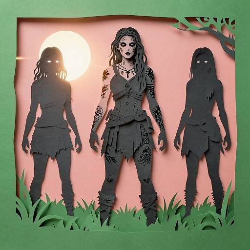 Photograph of three shadowed paper cutouts of tribal women with glowing eyes, detailed tattoos, and fringe clothing, set against a pink sunset and green