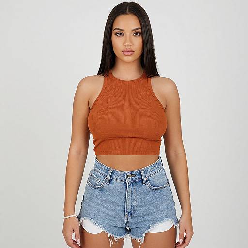 Photograph of a young woman with long black hair, brown eyes, and medium skin tone, wearing an orange ribbed crop top and high-wa