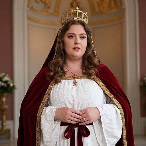 Photograph of a fair-skinned woman with wavy brown hair, wearing a gold crown, white blouse, and red velvet cloak, standing in an