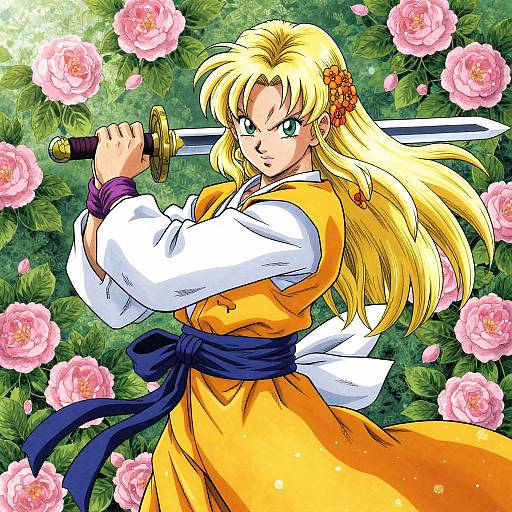 Anime-style drawing of a blonde female warrior with green eyes, holding a sword, wearing an orange and white martial arts outfit, surrounded by pink roses and
