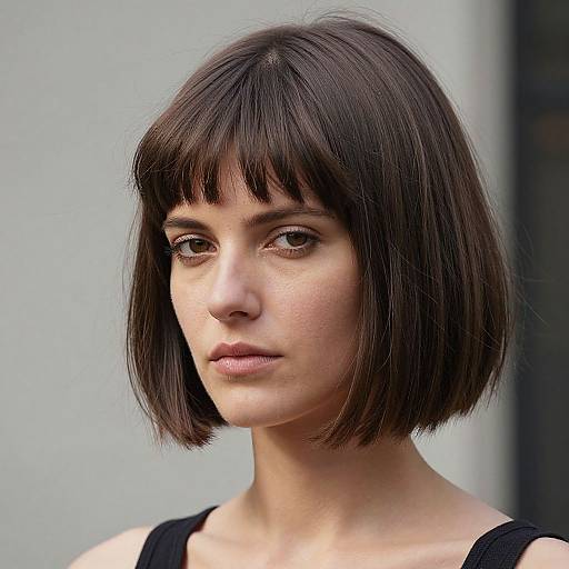Photograph of a young woman with a short, straight, dark brown bob haircut, wearing a black tank top, against a pale gray background.
