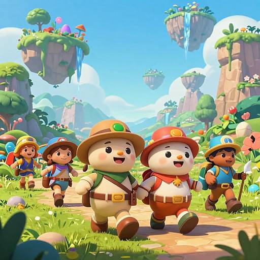 Digital art of cheerful cartoon adventurers, two main plump characters in helmets and vests, walking on a grassy path through vibrant, floating island landscape with