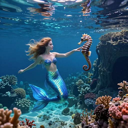 Photograph of a blue, shimmering mermaid with flowing red hair, interacting with a colorful seahorse underwater, surrounded by vibrant coral reefs.