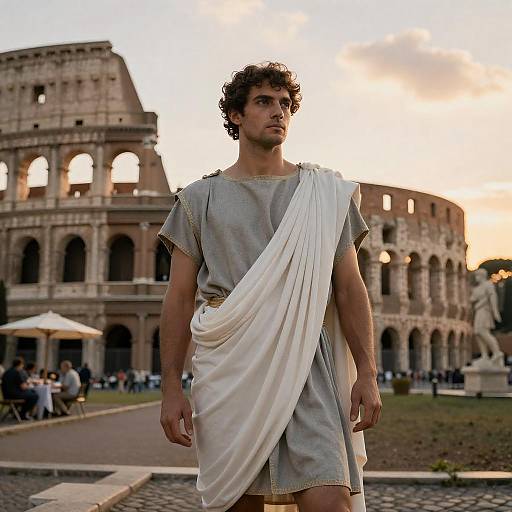 Roman Courtyard with Sunset and Statues