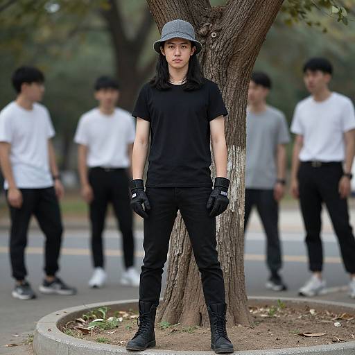 Photograph of an Asian man in black outfit, gloves, and bucket hat, standing in front of a tree, with blurred background of four men in