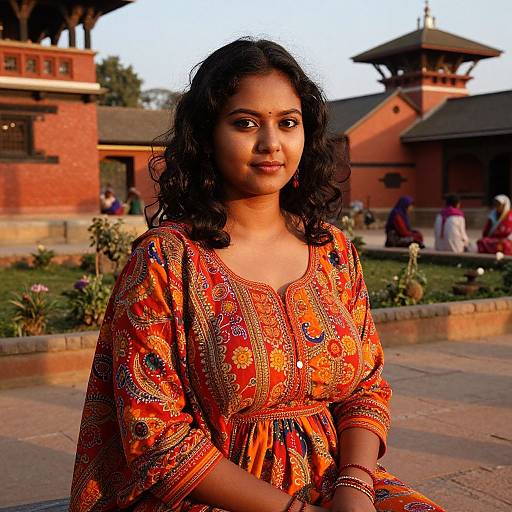 Photograph of a young South Asian woman with medium skin tone and curly black hair, wearing an orange and red patterned traditional dress, seated outdoors in