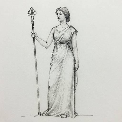 Black-and-white pencil drawing of a classical-style woman in a flowing, draped gown, holding an ornate staff, standing gracefully.
