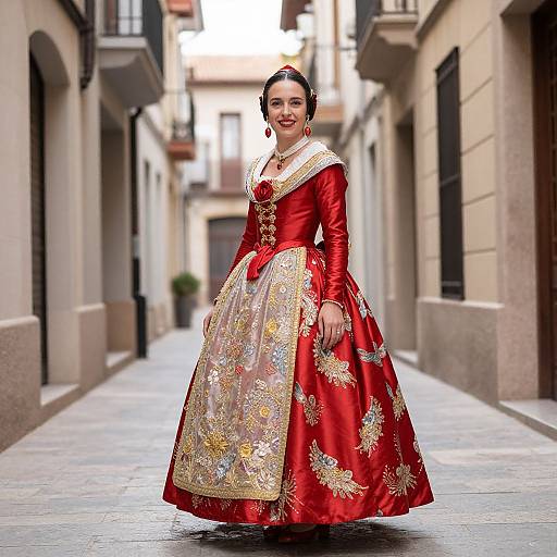 Photograph of a smiling woman in a vibrant red and gold floral embroidered traditional dress, standing on a narrow European street.