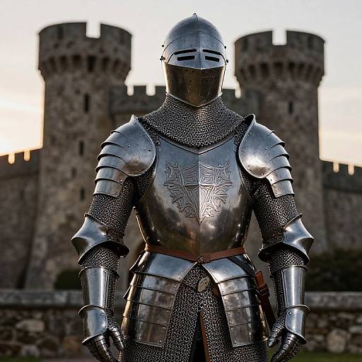 Photograph of a knight in shiny, ornate silver armor with a helmet, standing in front of a medieval stone castle.