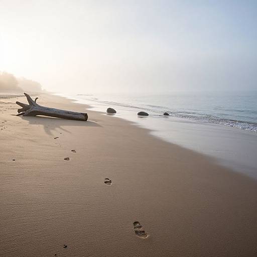 Photograph of a serene beach at sunset, featuring a large driftwood log, scattered footprints, smooth wet sand, and gentle waves.