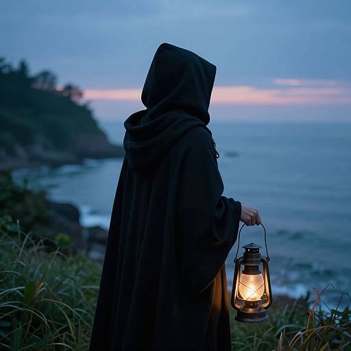 Photograph of a hooded figure in a dark cloak holding a glowing lantern, standing on a grassy cliff overlooking a blue ocean at twilight.