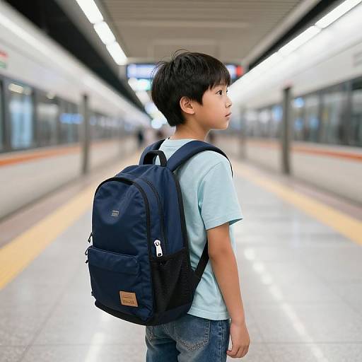 Photograph of an Asian boy with short black hair, wearing a light blue shirt, dark jeans, and a navy backpack, standing in a brightly lit