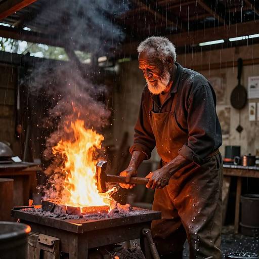 Photograph of an elderly bearded blacksmith with gray hair, wearing a dark apron, standing in a dimly lit workshop, tending to
