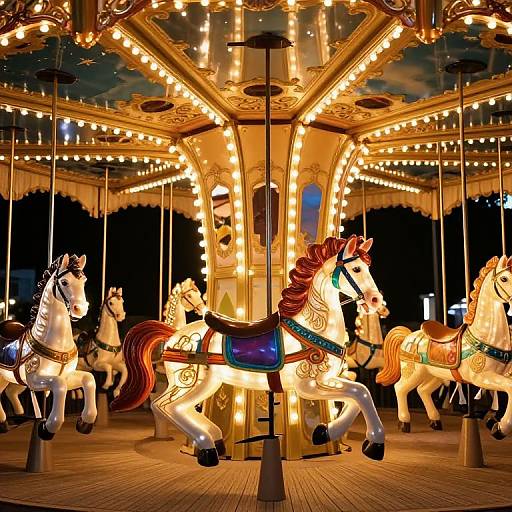 Vibrant carousel photograph featuring illuminated, ornate white and brown horses with colorful saddles, set against a glowing, vintage backdrop.