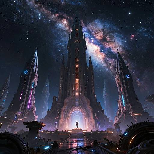 Digital artwork of a futuristic, towering cathedral under a starry, cosmic sky, with a silhouetted figure standing at the illuminated entrance. Neon