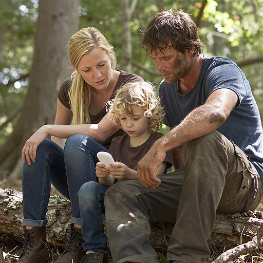 Family Examining Object Outdoors
