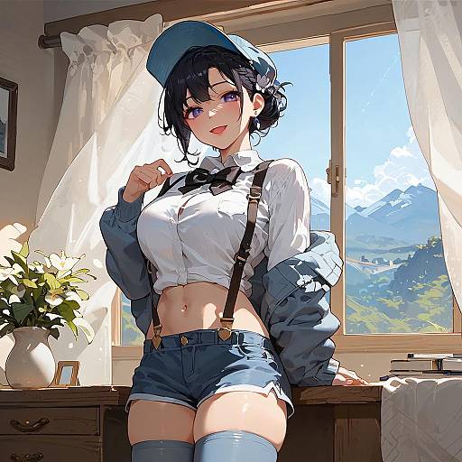 Smiling Anime Girl by Mountain Window