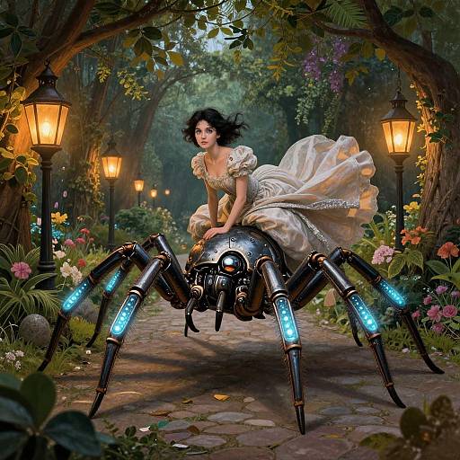 Digital fantasy artwork: Dark-haired woman in flowing white dress rides a glowing blue robotic spider down a moonlit, flower-lined path.