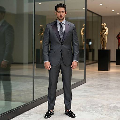 Confident Man in Charcoal Satin Suit