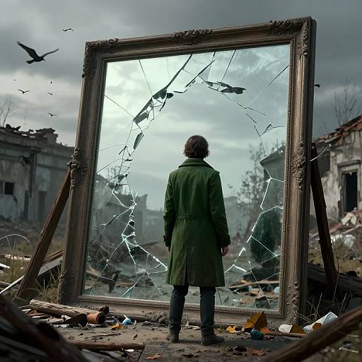 Photograph: A person in a green coat stands before a large, shattered, ornate mirror in a ruined, overcast urban ruin, surrounded by