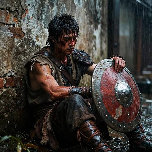 Photograph of a muscular, wet, dark-haired warrior with fur arm guards, leather attire, and a large, red-stained metal shield, sitting
