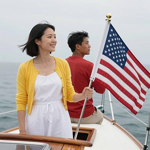 Young Couple on Sailboat with American Flag