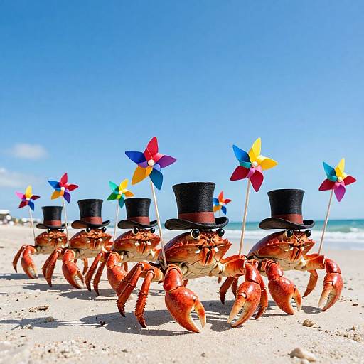 Photograph of six vibrant red crabs on a sunny beach, each wearing a black top hat and holding colorful pinwheels against a bright blue sky