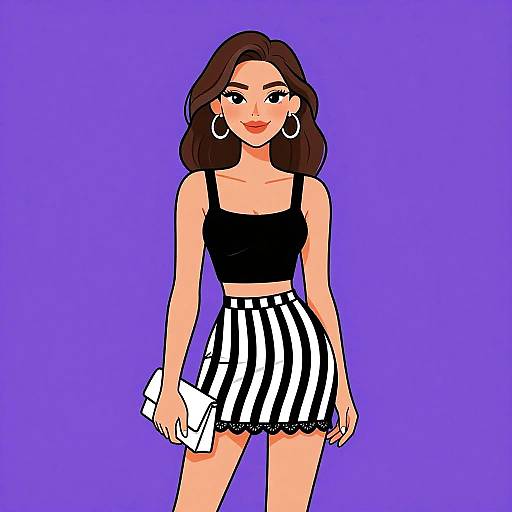 Digital drawing of a smiling woman with long brown hair, wearing a black crop top, black and white striped skirt, holding a white clutch, against a