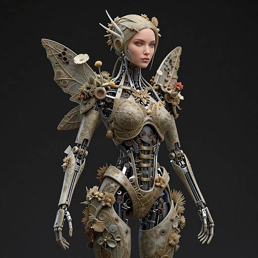 Photorealistic CGI of a steampunk female robot with intricate gears, flowers, and metallic wings, standing against a dark background.