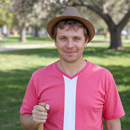 Photograph of a smiling middle-aged man with fair skin, brown hair, wearing a brown hat, pink shirt with white stripe, holding a wooden cane