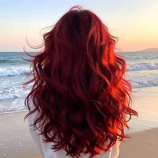 Photograph of a person with long, wavy, vibrant red hair facing a beach sunset, waves gently crashing in the background.