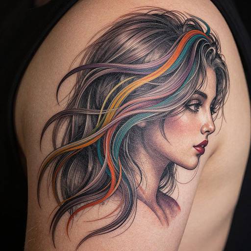Realistic tattoo of a woman with colorful, wavy hair on a light-skinned shoulder, featuring detailed shading and vibrant highlights.