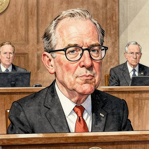 Digital illustration of an older white man with gray hair, black glasses, and red tie, seated at a wooden courtroom podium, flanked by two other