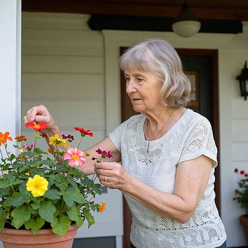 Photograph of an elderly woman with short gray hair, wearing a white lace top, tending to a vibrant flower pot on a porch.