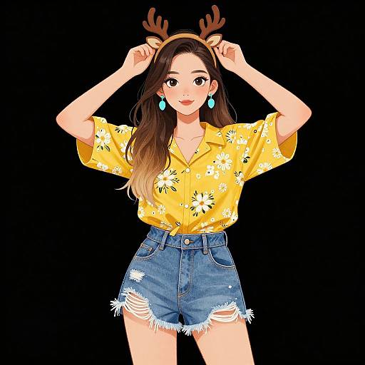 Digital anime-style drawing of a cute girl with brown hair, deer antlers headband, yellow floral shirt, high-waisted denim shorts, turquoise