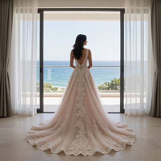 Photograph of a woman in a backless, lace-embroidered, pink ball gown standing before a large window overlooking a bright blue ocean,
