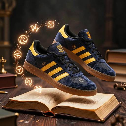 Photograph of blue Adidas sneakers with yellow stripes, hovering above an open book, surrounded by glowing magical symbols on a dark wooden table.