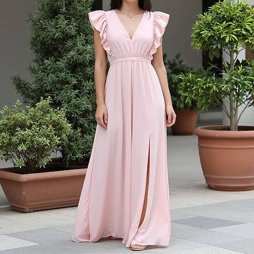 Woman in Flowing Pink Maxi Dress