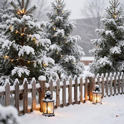 Photograph of snow-covered pine trees with glowing string lights, wooden picket fence, and lanterns along a snowy path.