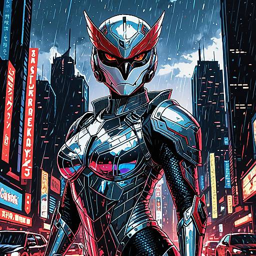Cyberpunk Scarlet Falcon Anthro in Silver Bodysuit