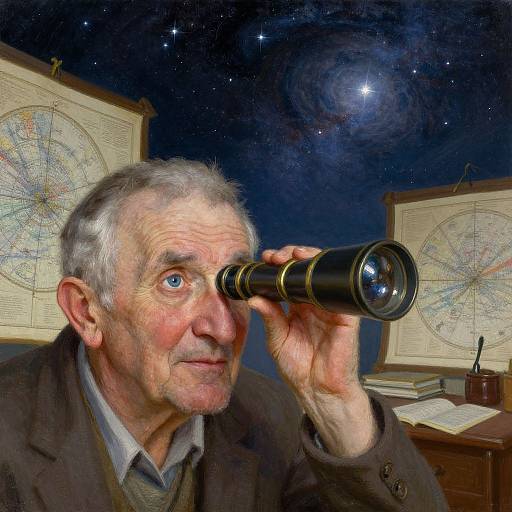 Elderly man with gray hair, blue eyes, and wrinkled skin uses black binoculars, gazing into starry night sky in study