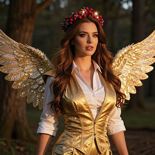 Photograph of a beautiful woman with long brown hair, wearing a golden vest, white shirt, and sparkling gold wings, crowned with red berries, standing