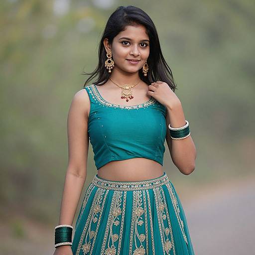 Photograph of a young Indian woman with medium brown skin, black hair, and brown eyes, wearing a teal traditional outfit with gold embroidery, gold jewelry