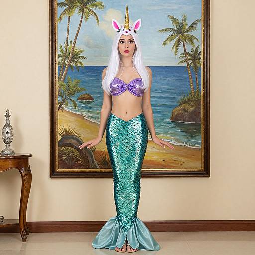 Photograph of a woman in a mermaid costume with a purple top, teal sequin tail, white hair, unicorn horn headband, standing in