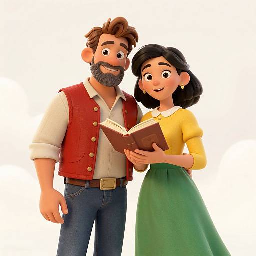 3D cartoon image of a bearded man in red vest and blue jeans, and a woman with black hair in yellow top and green skirt, reading